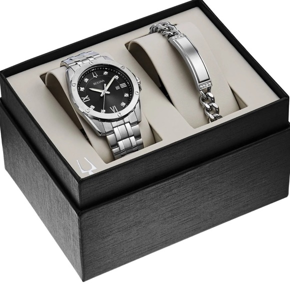 Bulova Men's Crystal Quartz Silver Stainless Steel Date Watchwith bracelet set